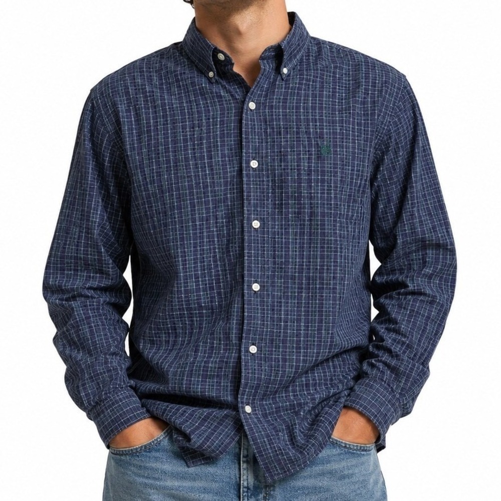 Ralph Lauren Mens M Navy Blue Green Plaid Long Sleeve Button Down Shirt Custom